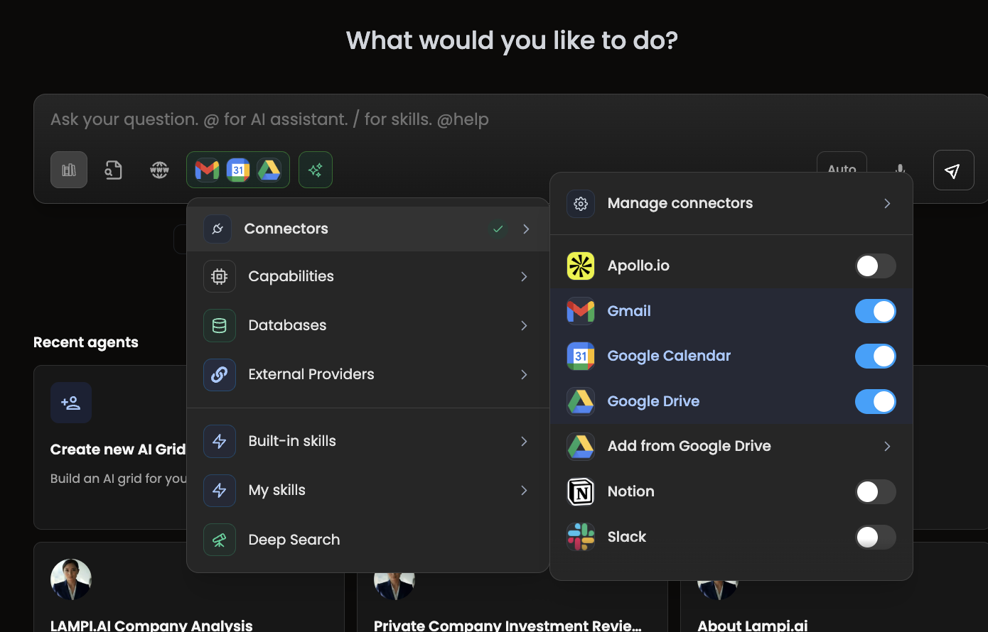 Connected connectors selected in the chat tools panel