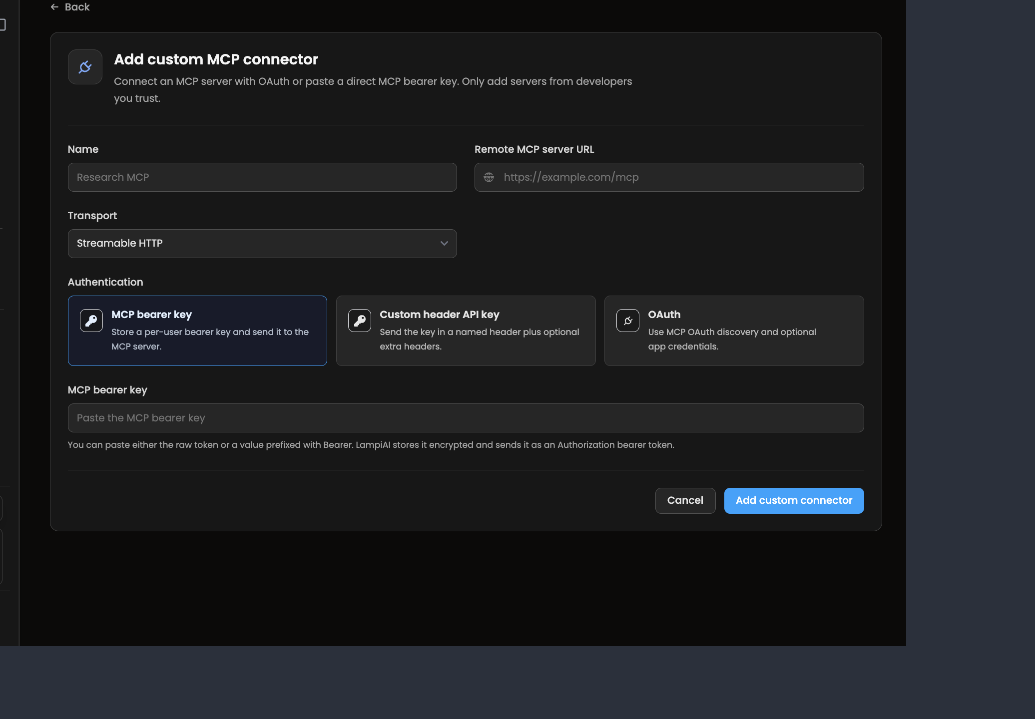 Custom MCP connector setup in Lampi AI