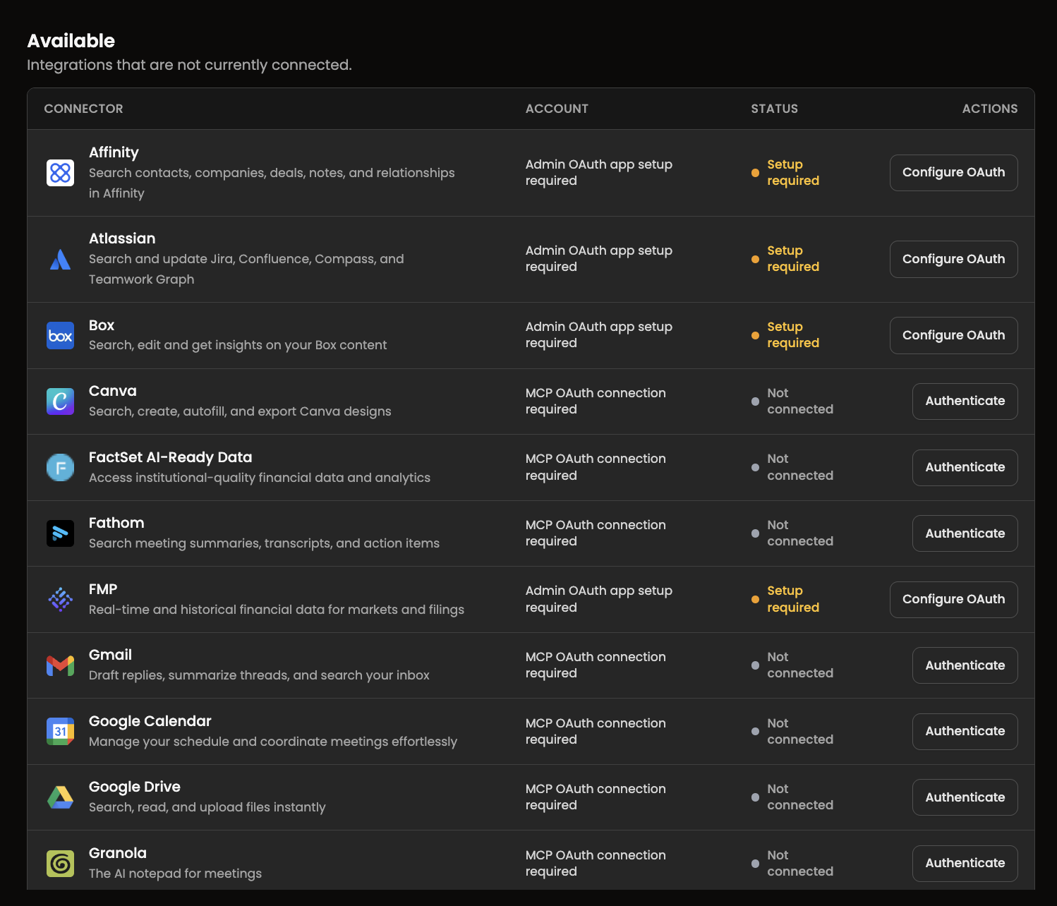 Google connectors connected separately in Settings