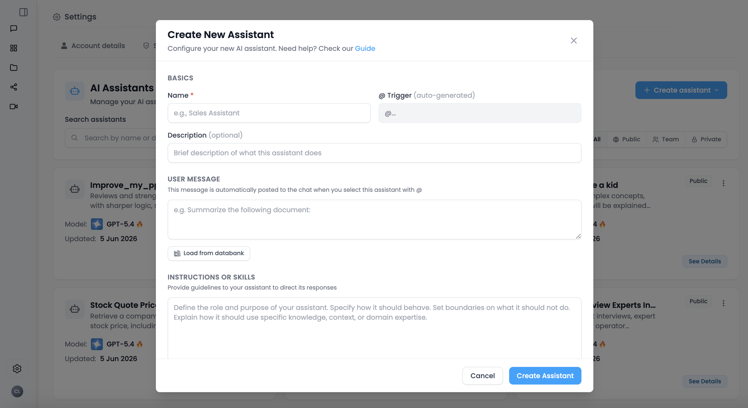 Create a new AI assistant dialog in Lampi