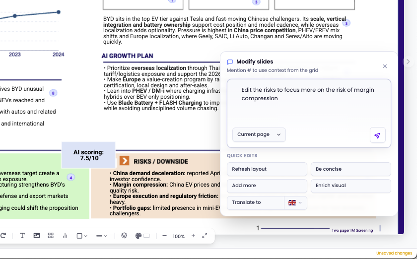 Modify slides composer with AI editing options