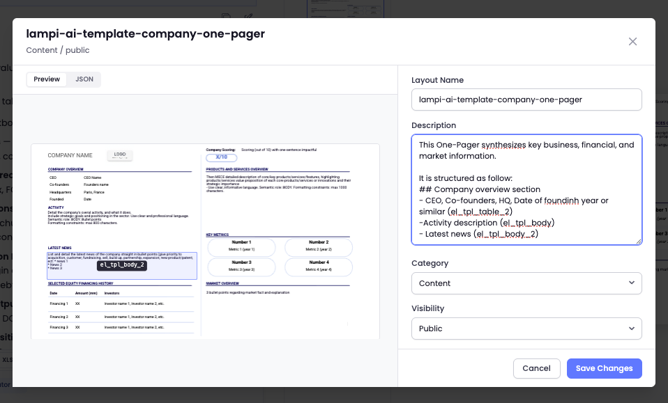 Layout preview showing a slide object element ID